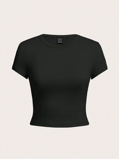 EZwear 4pcs Women's Crew Neck Short Sleeve Tight Fit T-Shirts,Black And White Floral Print Grey Multipack,Summer Casual Everyday Basic Fitted Tops