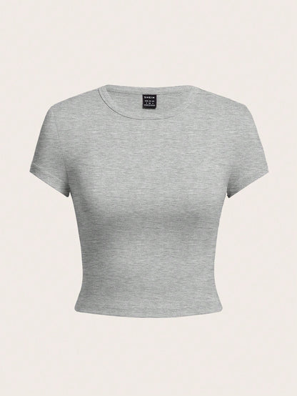EZwear 4pcs Women's Crew Neck Short Sleeve Tight Fit T-Shirts,Black And White Floral Print Grey Multipack,Summer Casual Everyday Basic Fitted Tops
