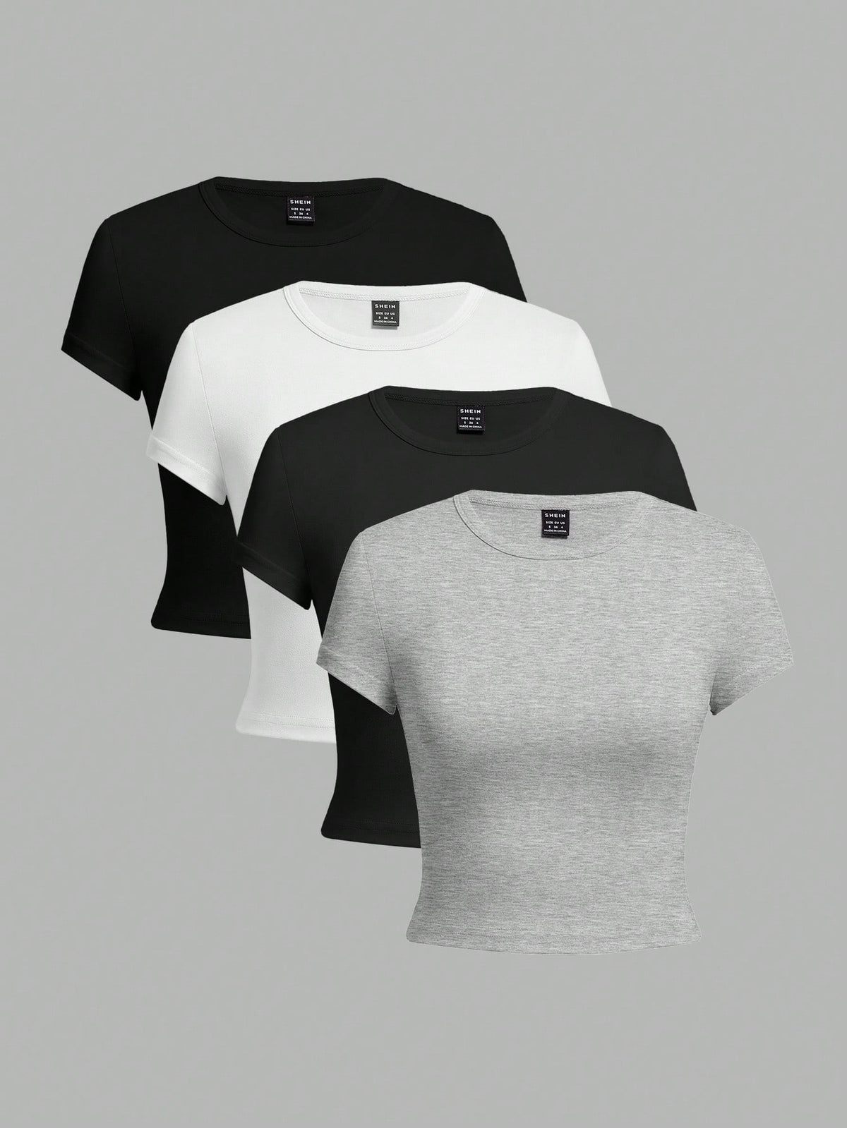EZwear 4pcs Women's Crew Neck Short Sleeve Tight Fit T-Shirts,Black And White Floral Print Grey Multipack,Summer Casual Everyday Basic Fitted Tops