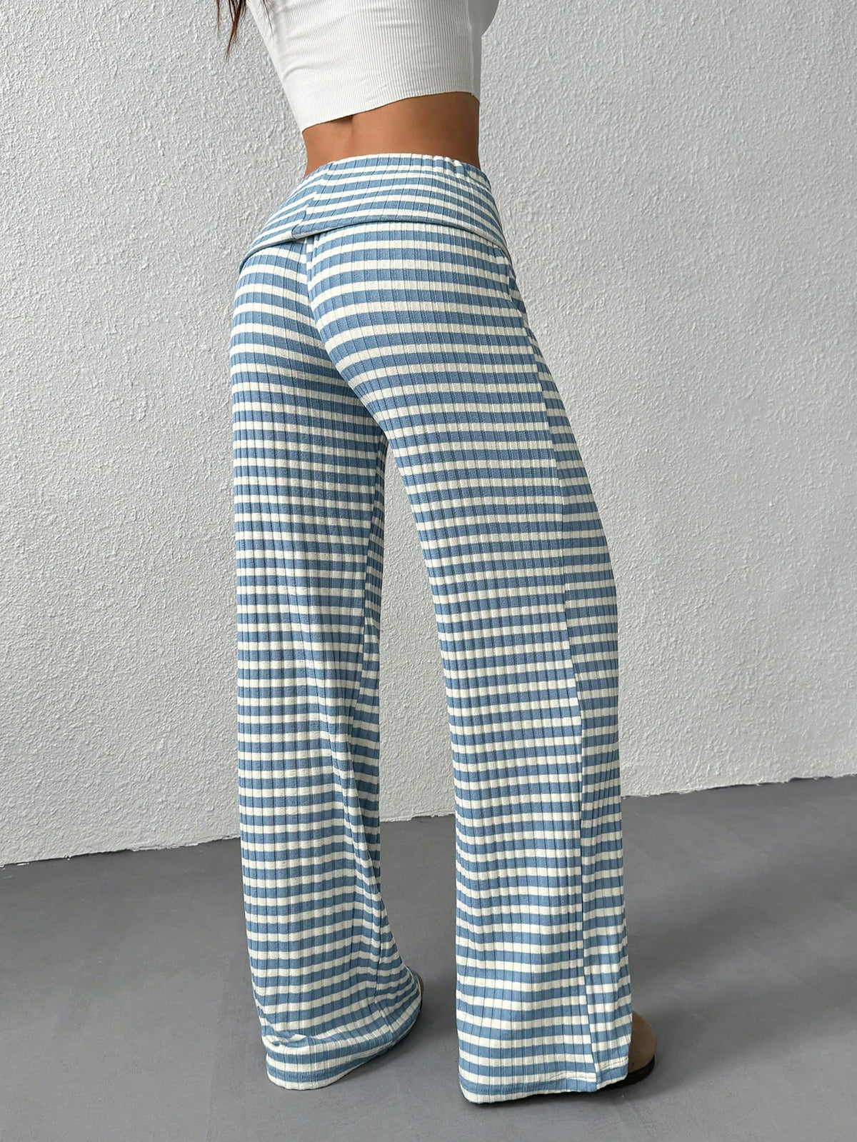 EZwear Black And White Stripe Patchwork Casual Loose Everyday Pants For Women Striped Pants Wide Leg Pants,Autumn Beach