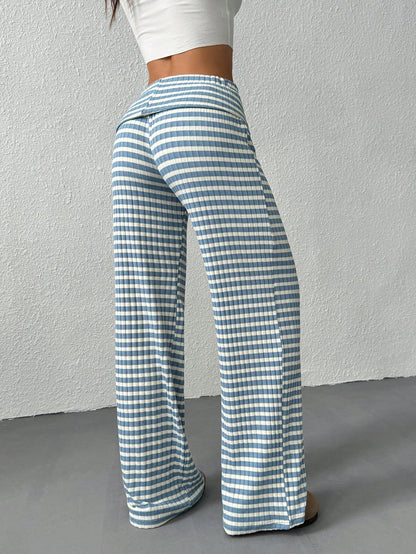 EZwear Black And White Stripe Patchwork Casual Loose Everyday Pants For Women Striped Pants Wide Leg Pants,Autumn Beach