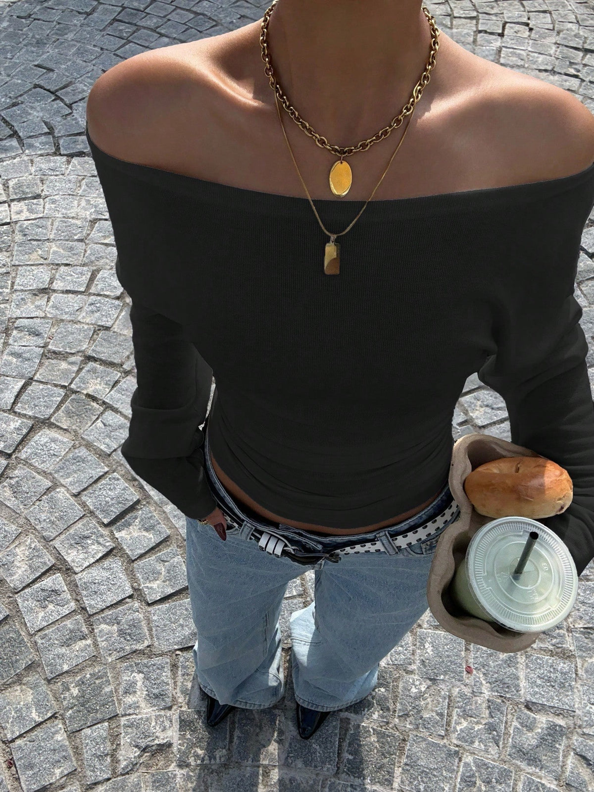 EZwear Black Knit Off-Shoulder Bodycon T-Shirt