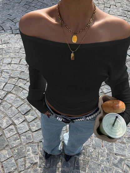 EZwear Black Knit Off-Shoulder Bodycon T-Shirt