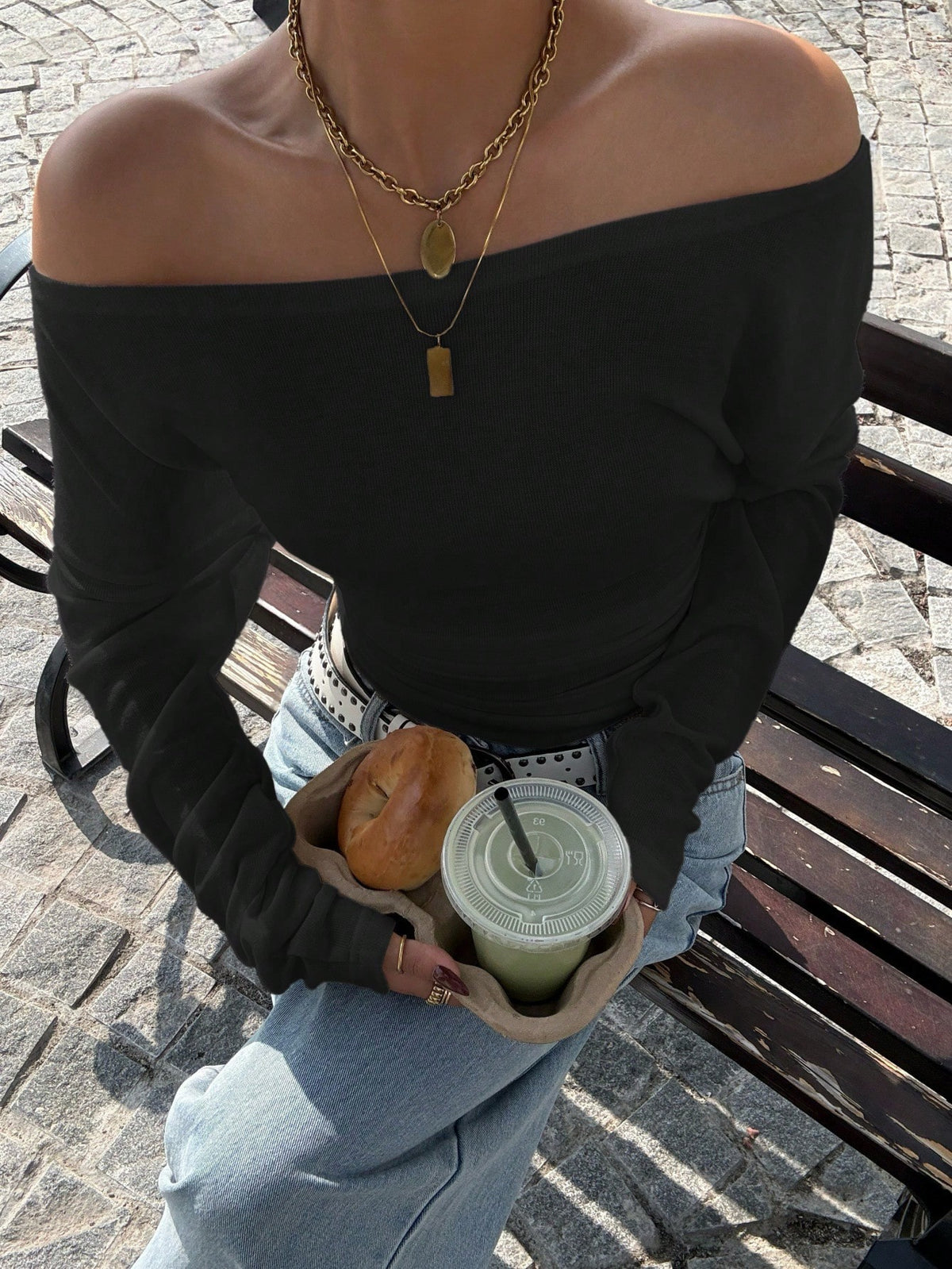 EZwear Black Knit Off-Shoulder Bodycon T-Shirt
