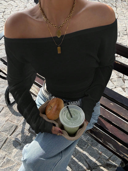 EZwear Black Knit Off-Shoulder Bodycon T-Shirt