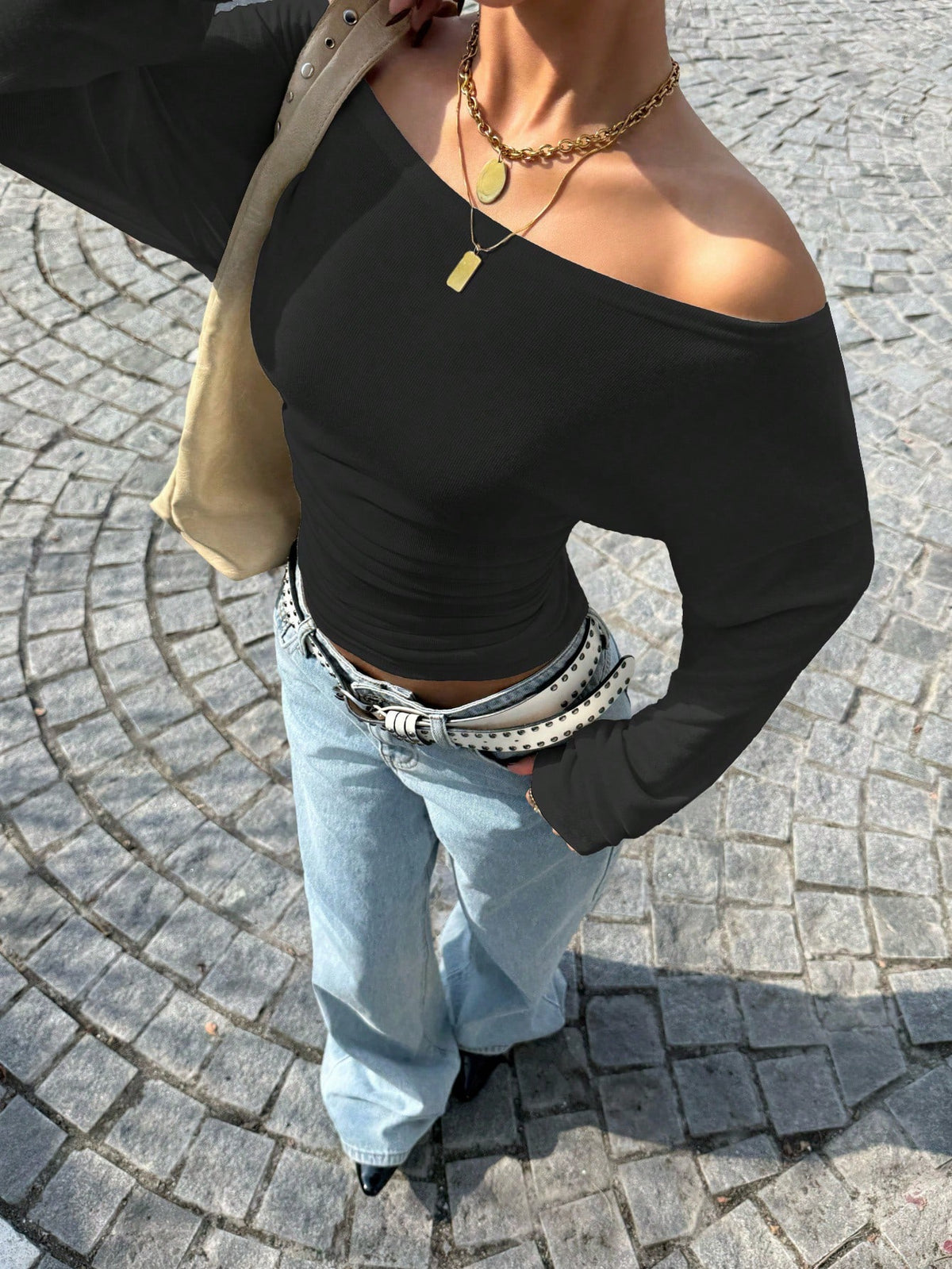 EZwear Black Knit Off-Shoulder Bodycon T-Shirt