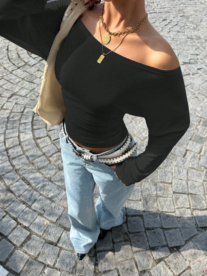 EZwear Black Knit Off-Shoulder Bodycon T-Shirt