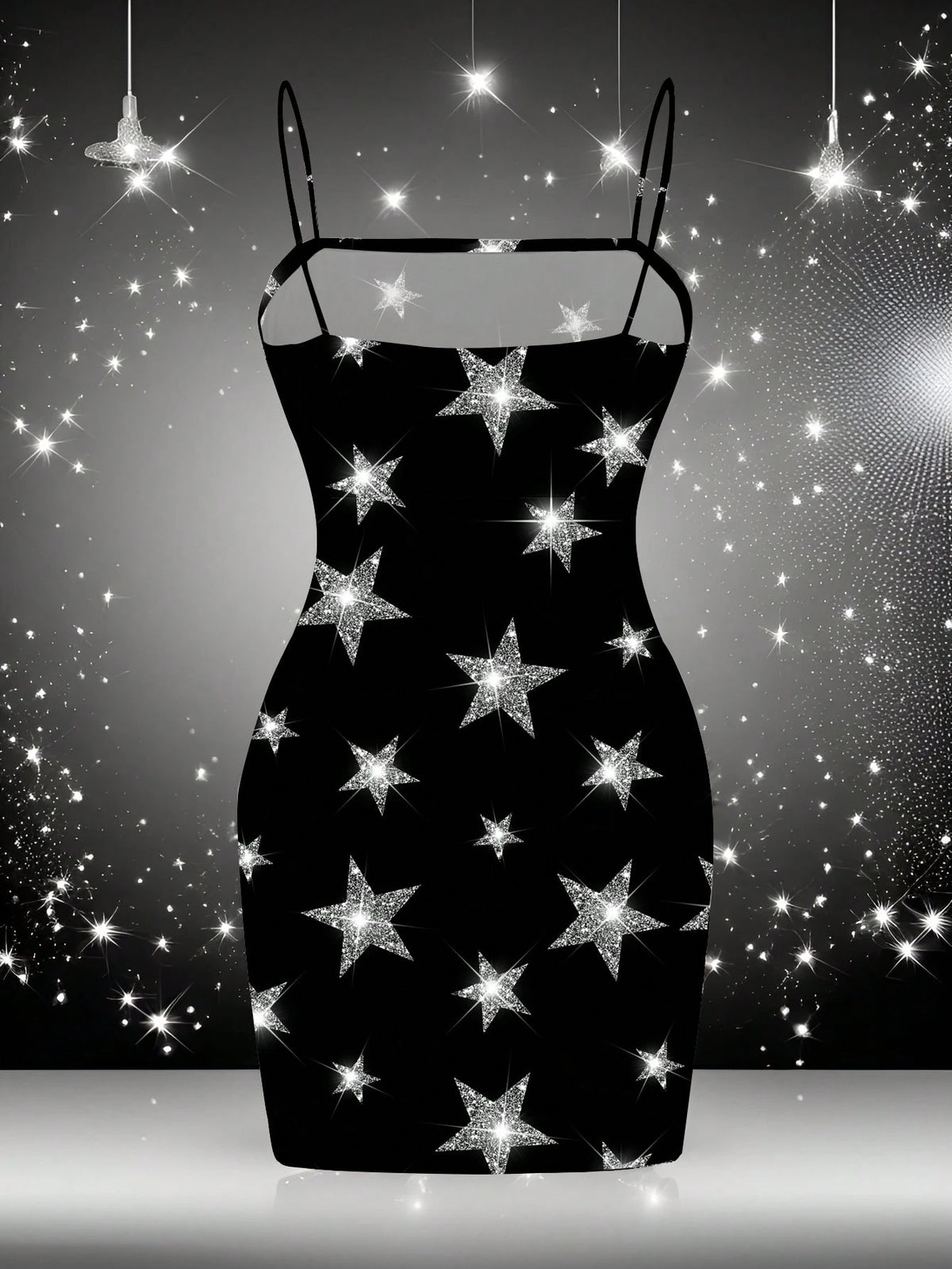 EZwear Casual Fairycore Sexy Minimalist Allover Print Sleeveless Women Summer Dress, For New Year Chic Dress Night Party Black And Silver
