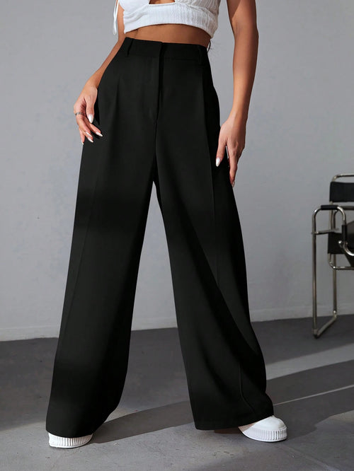 EZwear Casual Versatile Solid Color High Waisted Wide Leg Pants