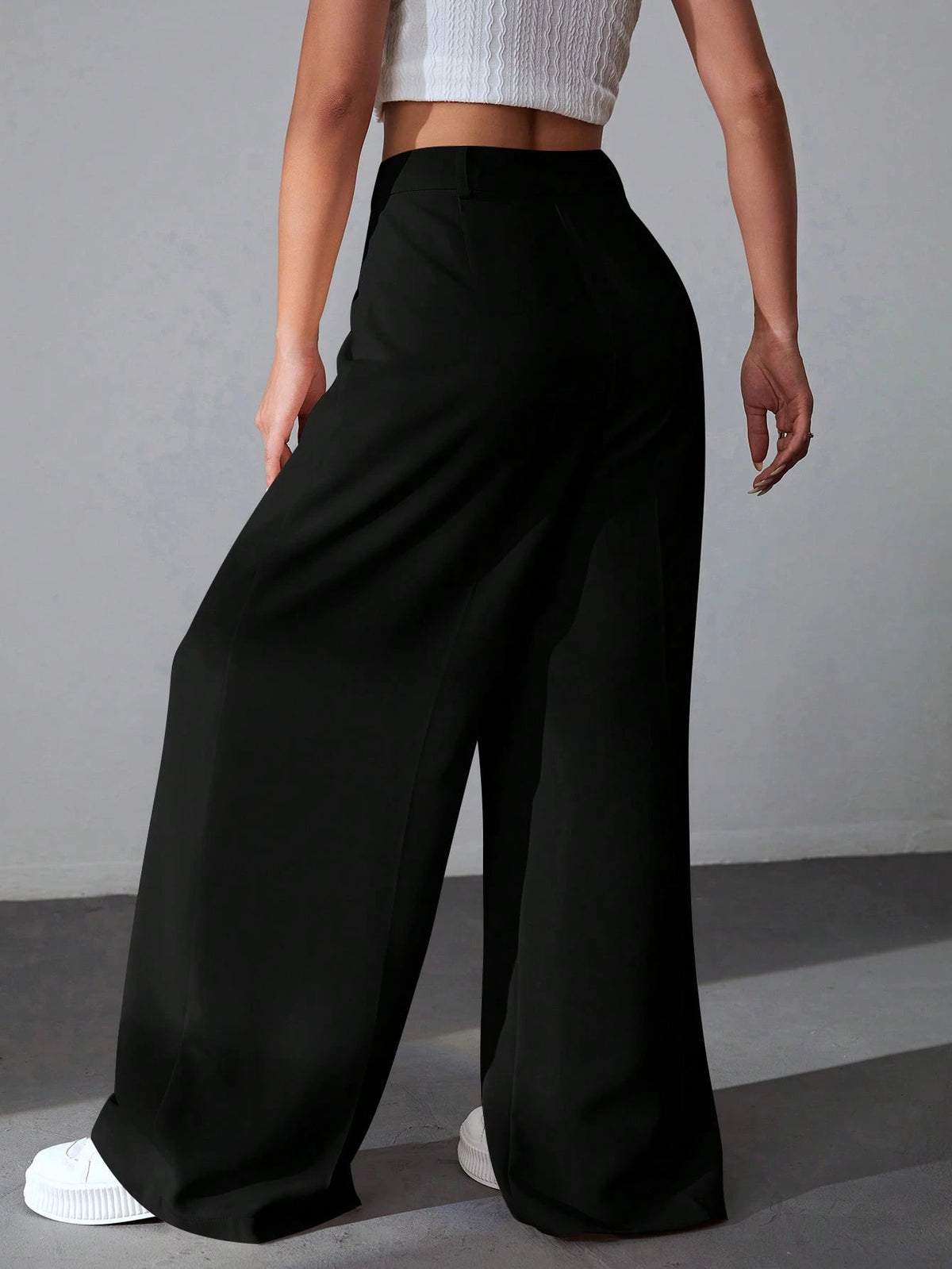EZwear Casual Versatile Solid Color High Waisted Wide Leg Pants