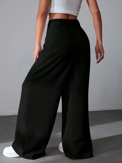 EZwear Casual Versatile Solid Color High Waisted Wide Leg Pants