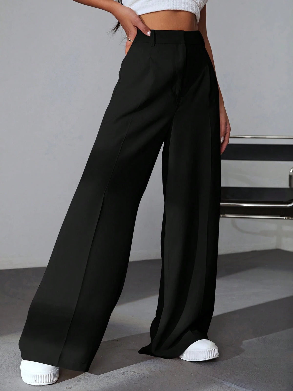 EZwear Casual Versatile Solid Color High Waisted Wide Leg Pants