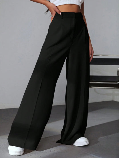EZwear Casual Versatile Solid Color High Waisted Wide Leg Pants