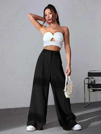 EZwear Casual Versatile Solid Color High Waisted Wide Leg Pants