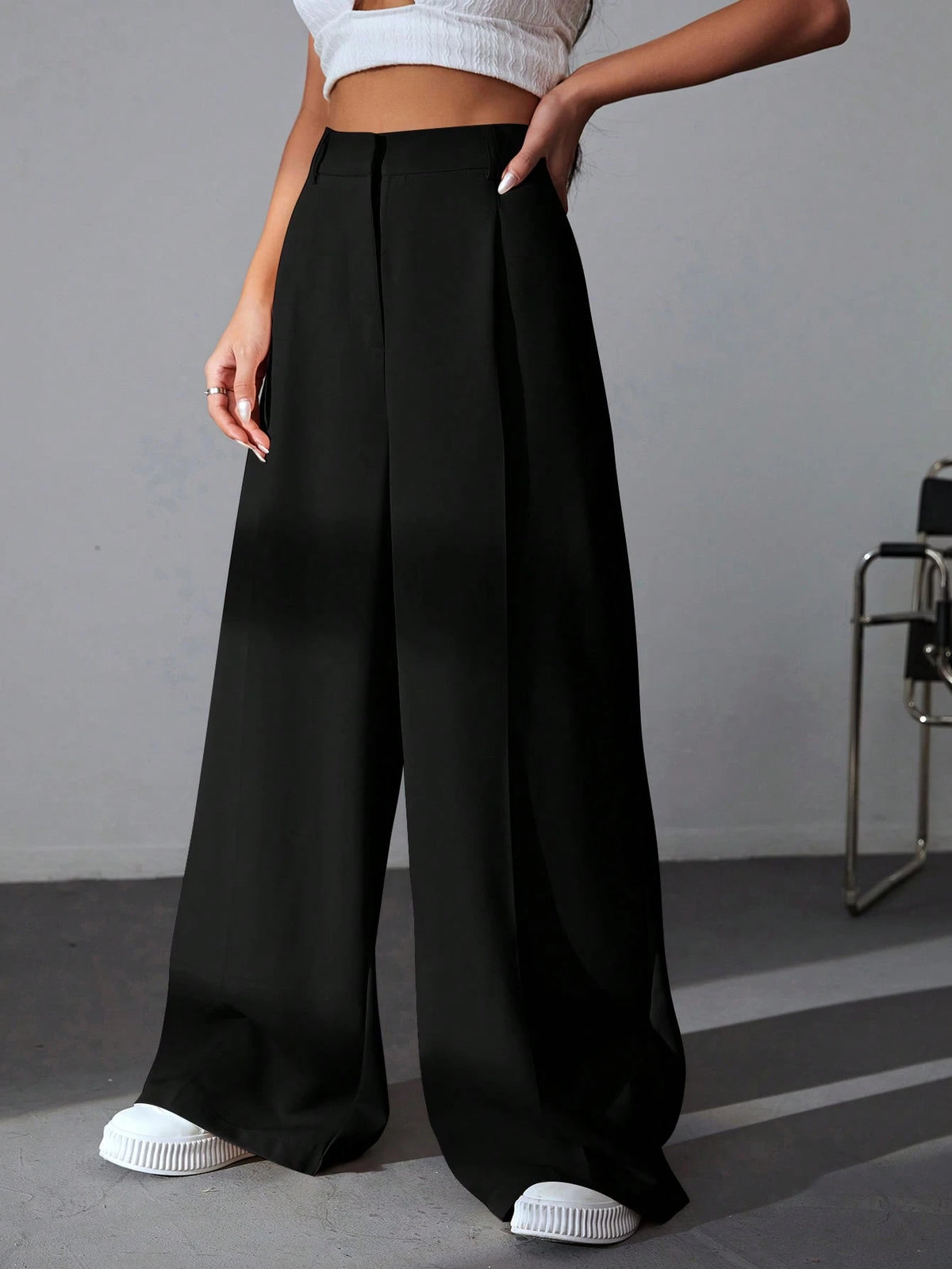 EZwear Casual Versatile Solid Color High Waisted Wide Leg Pants
