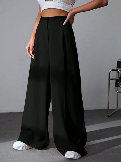 EZwear Casual Versatile Solid Color High Waisted Wide Leg Pants