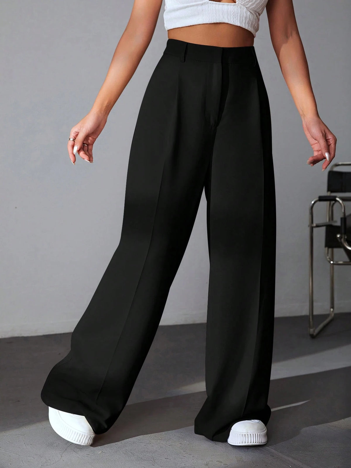 EZwear Casual Versatile Solid Color High Waisted Wide Leg Pants