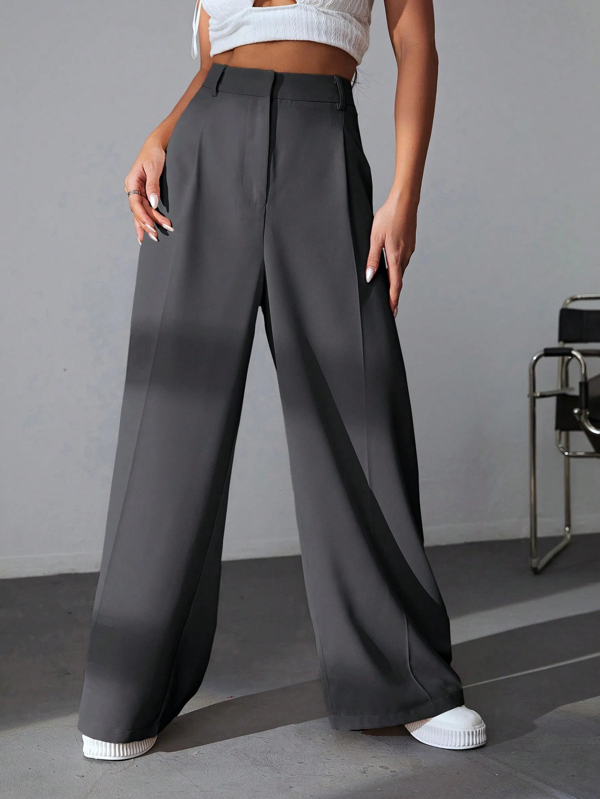 EZwear Casual Versatile Solid Color High Waisted Wide Leg Pants