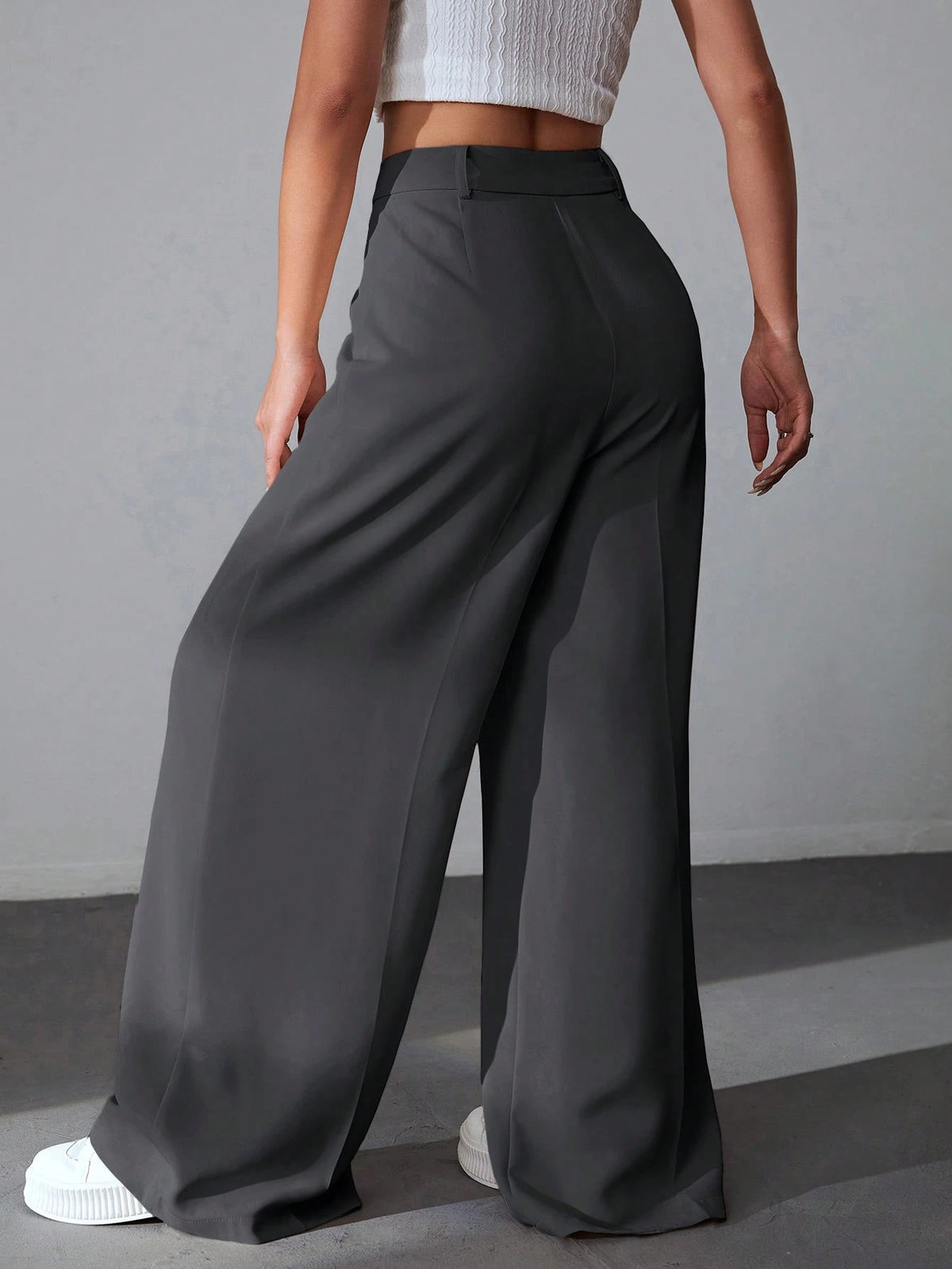 EZwear Casual Versatile Solid Color High Waisted Wide Leg Pants