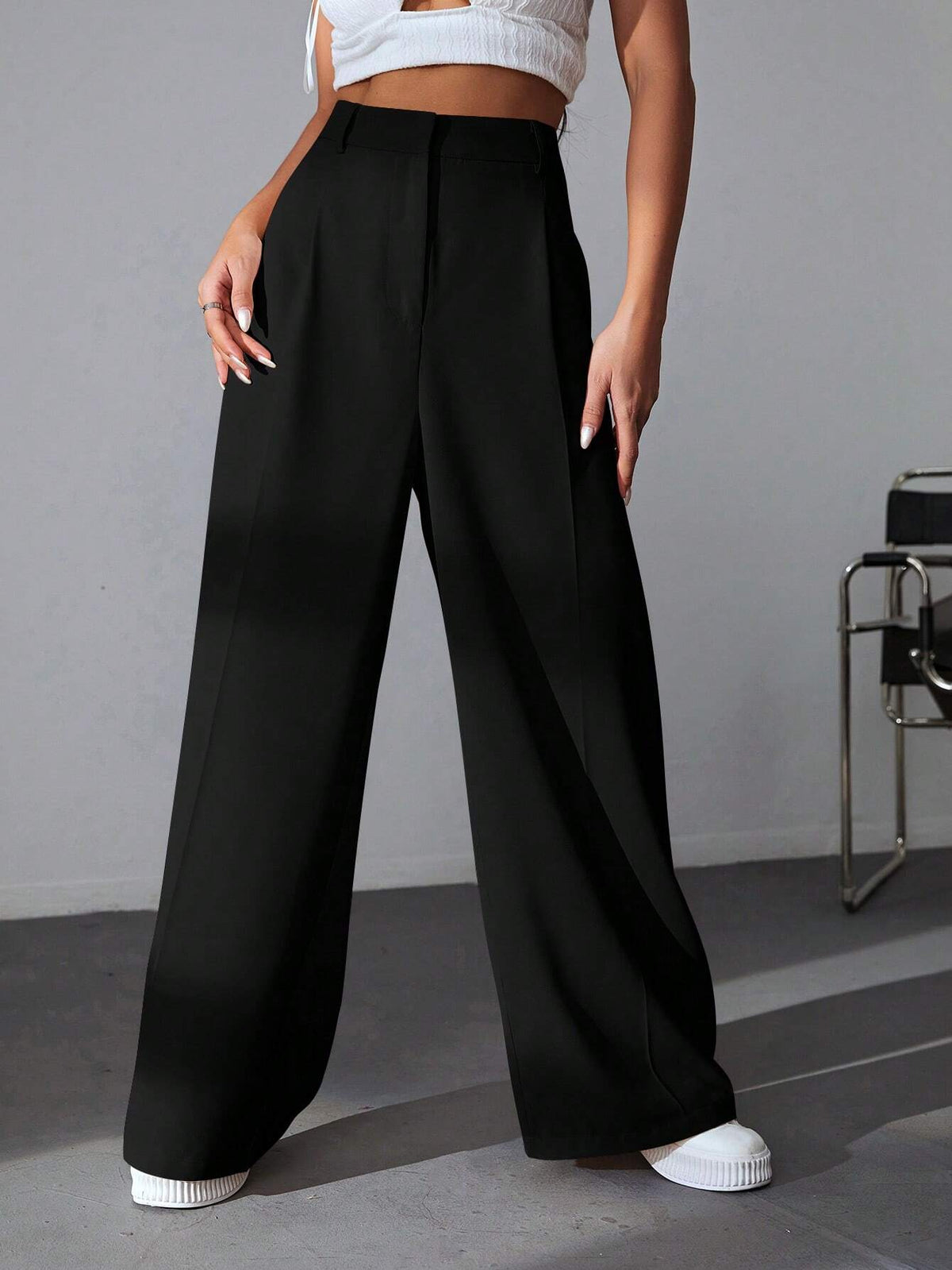 EZwear Casual Versatile Solid Color High Waisted Wide Leg Pants