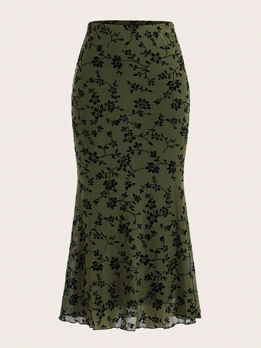 EZwear Floral Print Mermaid Hem Mesh Skirt