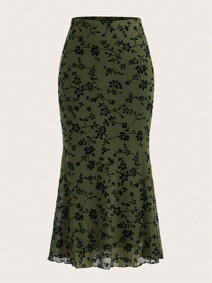 EZwear Floral Print Mermaid Hem Mesh Skirt
