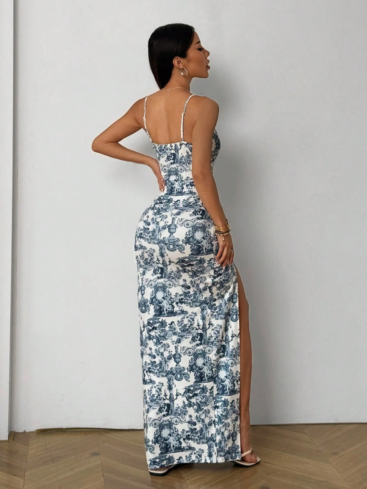 EZwear Ladies Summer New Blue White High Slit Maxi Dress, Suitable For Vacation Wear,Summer Dresses Women, Outfits, Beach Vacation Holiday Sexy