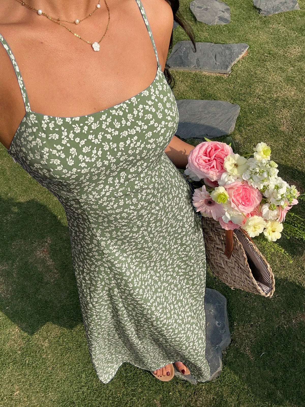 EZwear Olive Green Ditsy Floral Sleeveless Beach Vacation Dress For Women,Summer Dresses For Women