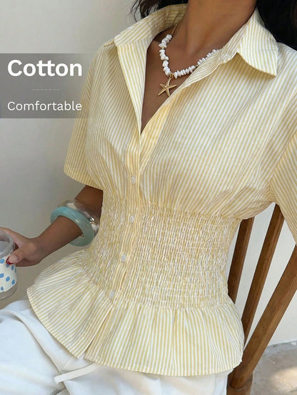 EZwear Pale Yellow Striped Woven Fitted Shirt For Women,Summer Top