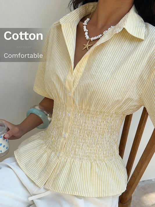 EZwear Pale Yellow Striped Woven Fitted Shirt For Women,Summer Top