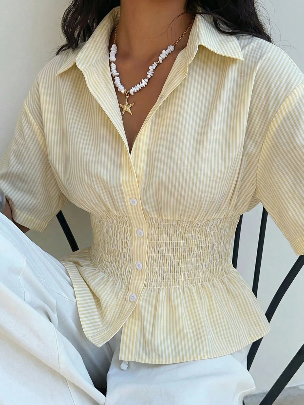 EZwear Pale Yellow Striped Woven Fitted Shirt For Women,Summer Top