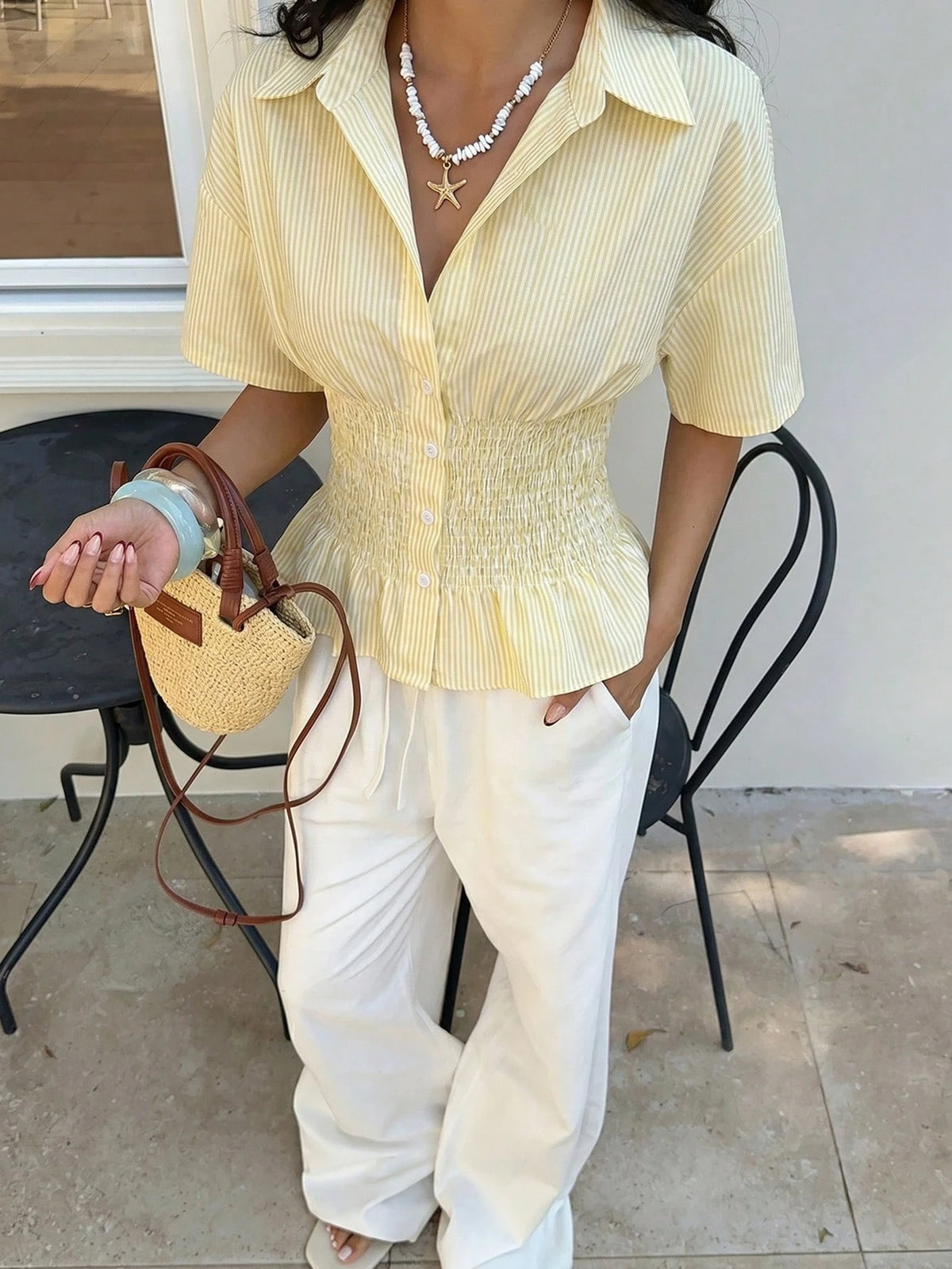 EZwear Pale Yellow Striped Woven Fitted Shirt For Women,Summer Top