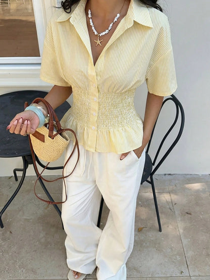EZwear Pale Yellow Striped Woven Fitted Shirt For Women,Summer Top