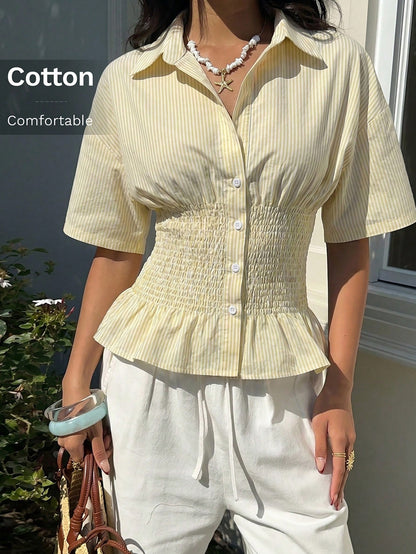 EZwear Pale Yellow Striped Woven Fitted Shirt For Women,Summer Top