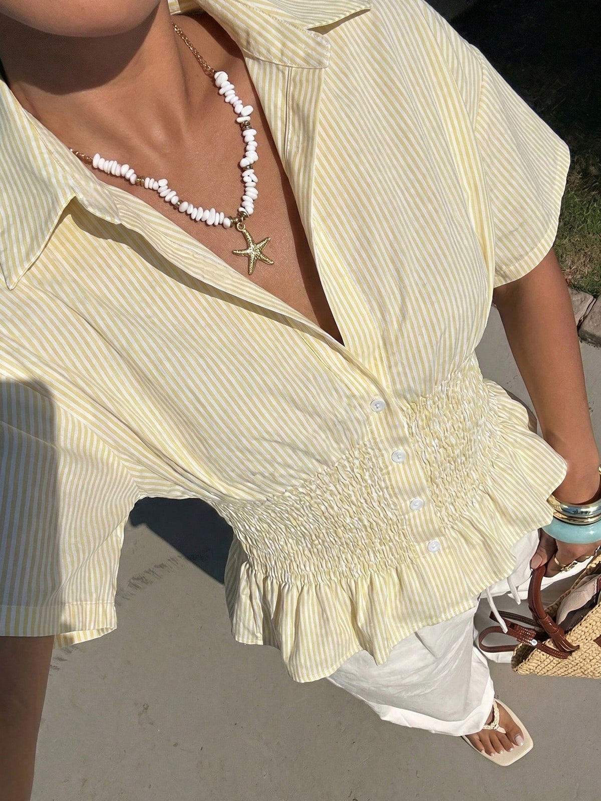 EZwear Pale Yellow Striped Woven Fitted Shirt For Women,Summer Top