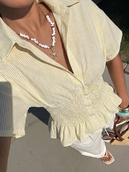 EZwear Pale Yellow Striped Woven Fitted Shirt For Women,Summer Top
