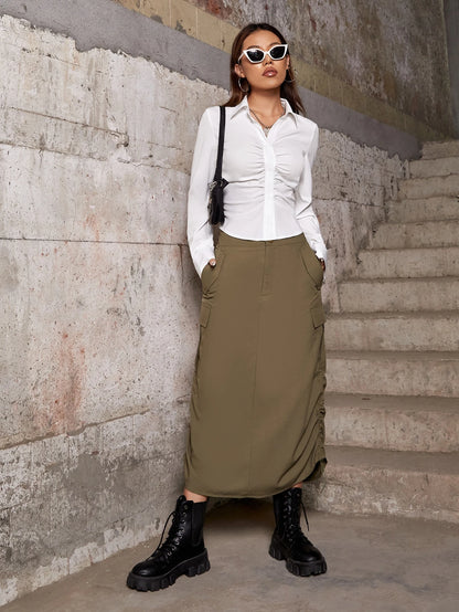 EZwear Ruched Front Button Up Shirt