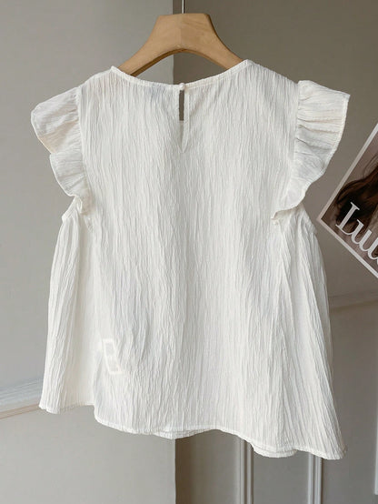 EZwear Summer Women's Woven White Blouse With Round Neck, Ruffle Trim And Loose Fit Flare Sleeves Smocked Top Babydoll Flutter Sleeve Brunch Elegant