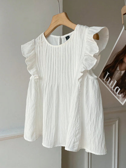 EZwear Summer Women's Woven White Blouse With Round Neck, Ruffle Trim And Loose Fit Flare Sleeves Smocked Top Babydoll Flutter Sleeve Brunch Elegant
