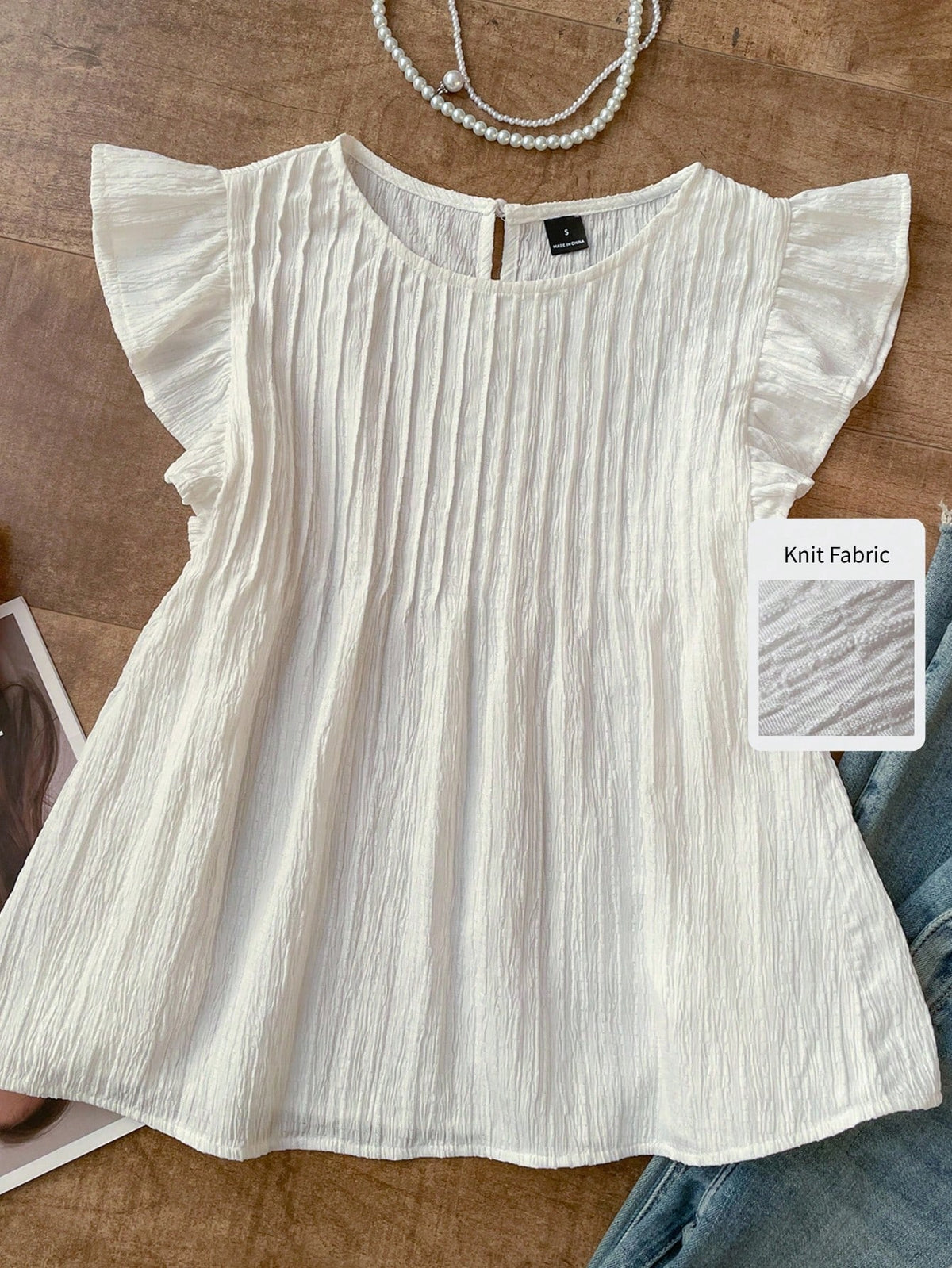 EZwear Summer Women's Woven White Blouse With Round Neck, Ruffle Trim And Loose Fit Flare Sleeves Smocked Top Babydoll Flutter Sleeve Brunch Elegant