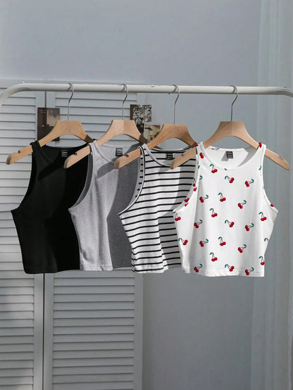 EZwear Women's 4 Pieces Set: Black Light Grey Black And White Red And White Striped, Back-To-School Cherry Casual Cute Camisole Top For Summer Beach Holiday