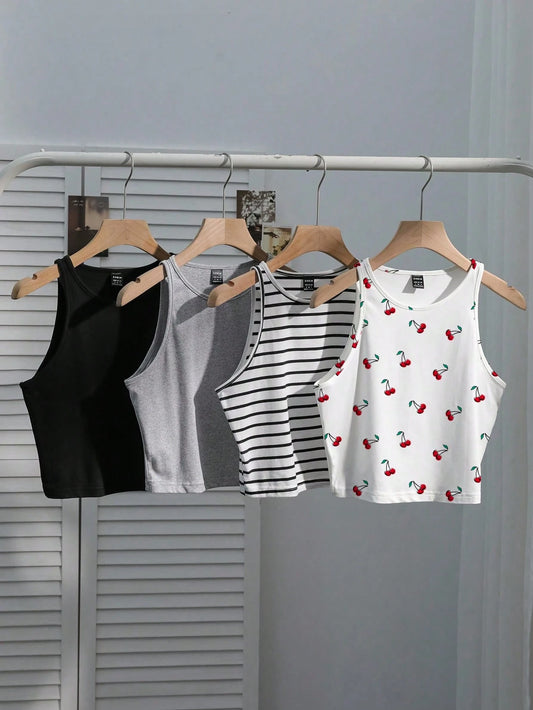 EZwear Women's 4 Pieces Set: Black Light Grey Black And White Red And White Striped, Back-To-School Cherry Casual Cute Camisole Top For Summer Beach Holiday