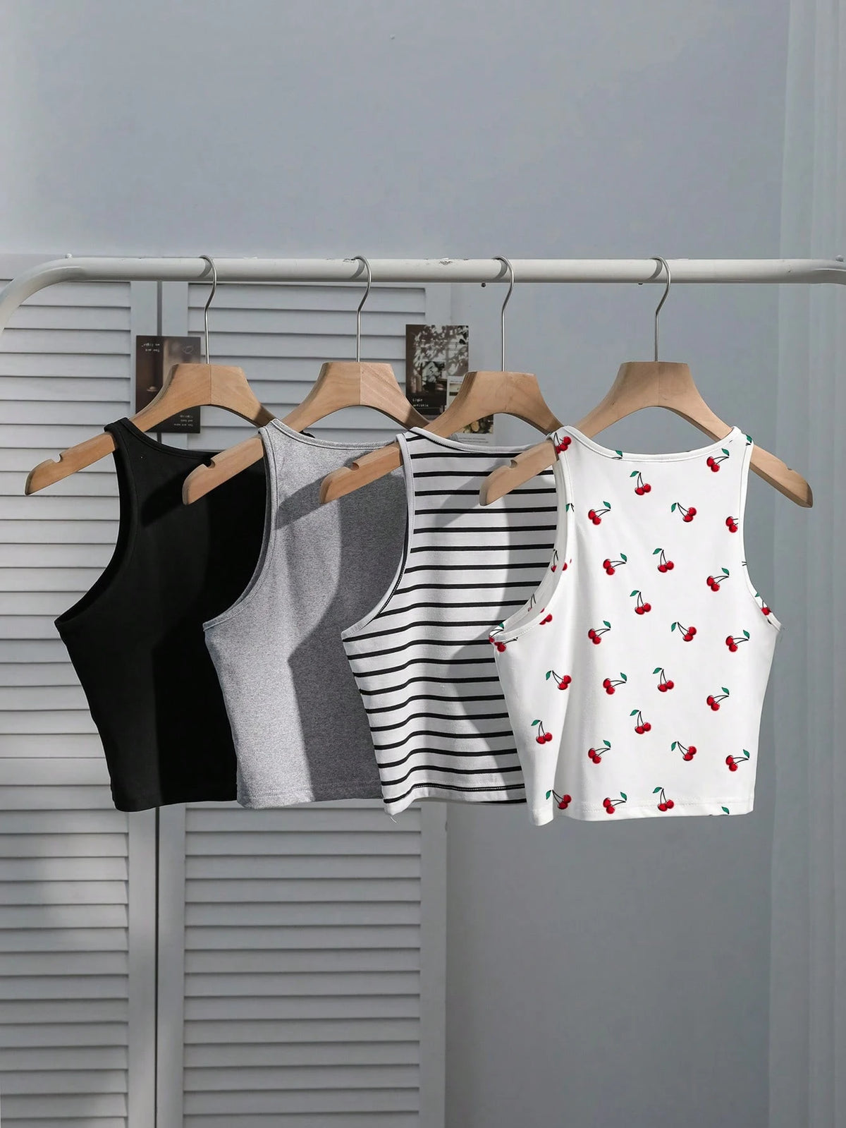 EZwear Women's 4 Pieces Set: Black Light Grey Black And White Red And White Striped, Back-To-School Cherry Casual Cute Camisole Top For Summer Beach Holiday