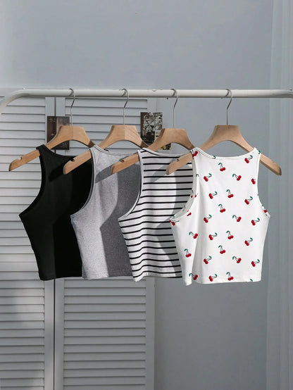 EZwear Women's 4 Pieces Set: Black Light Grey Black And White Red And White Striped, Back-To-School Cherry Casual Cute Camisole Top For Summer Beach Holiday