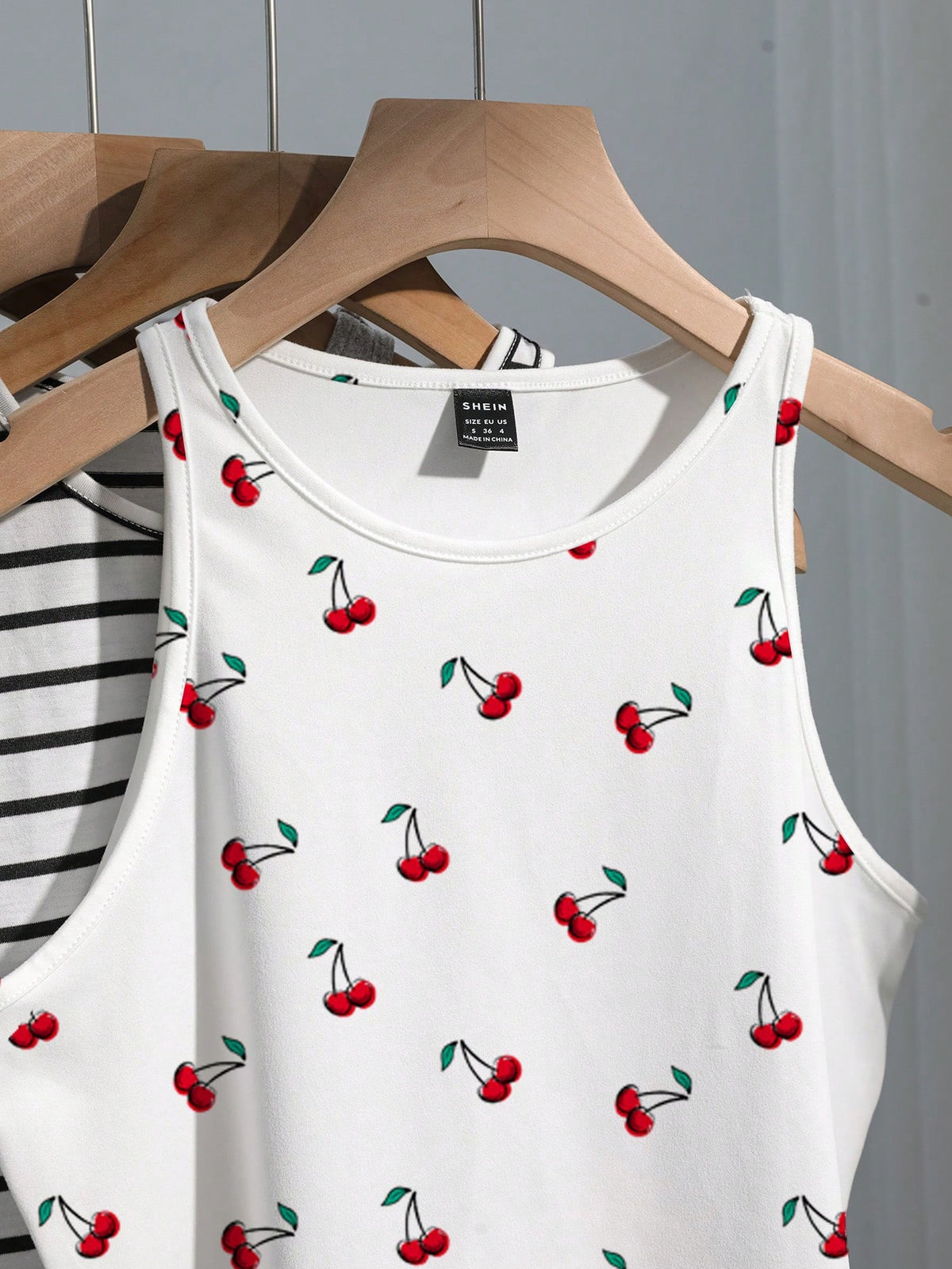EZwear Women's 4 Pieces Set: Black Light Grey Black And White Red And White Striped, Back-To-School Cherry Casual Cute Camisole Top For Summer Beach Holiday