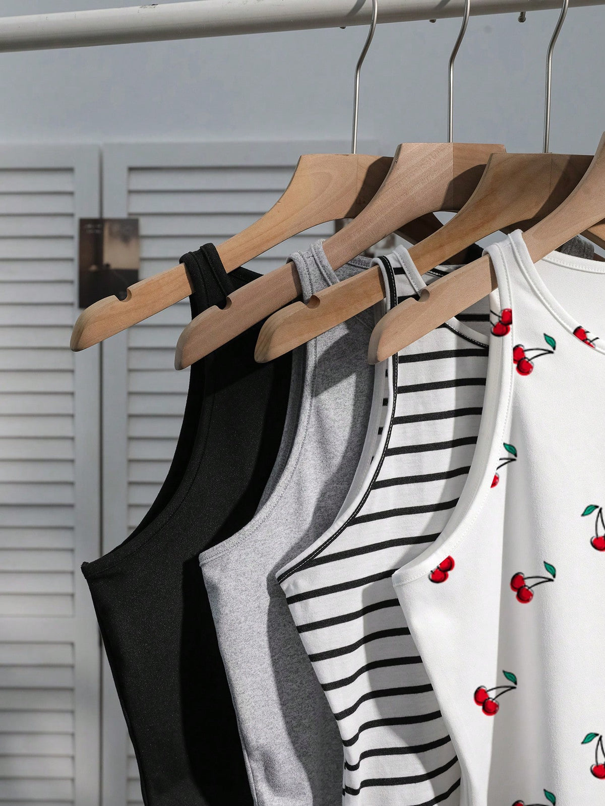 EZwear Women's 4 Pieces Set: Black Light Grey Black And White Red And White Striped, Back-To-School Cherry Casual Cute Camisole Top For Summer Beach Holiday