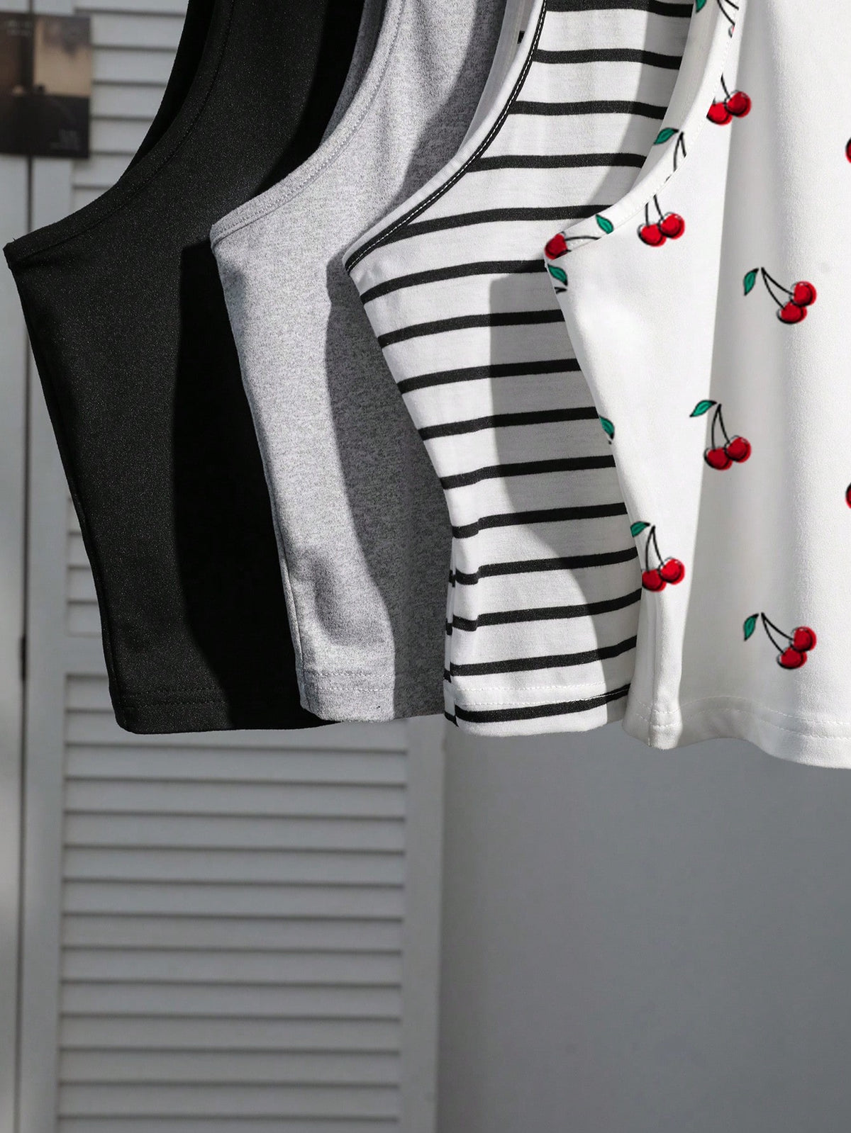 EZwear Women's 4 Pieces Set: Black Light Grey Black And White Red And White Striped, Back-To-School Cherry Casual Cute Camisole Top For Summer Beach Holiday