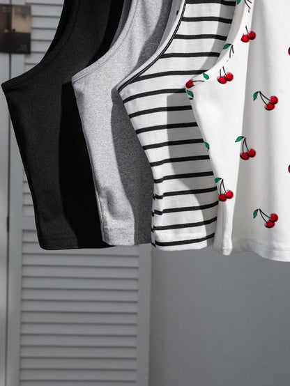 EZwear Women's 4 Pieces Set: Black Light Grey Black And White Red And White Striped, Back-To-School Cherry Casual Cute Camisole Top For Summer Beach Holiday