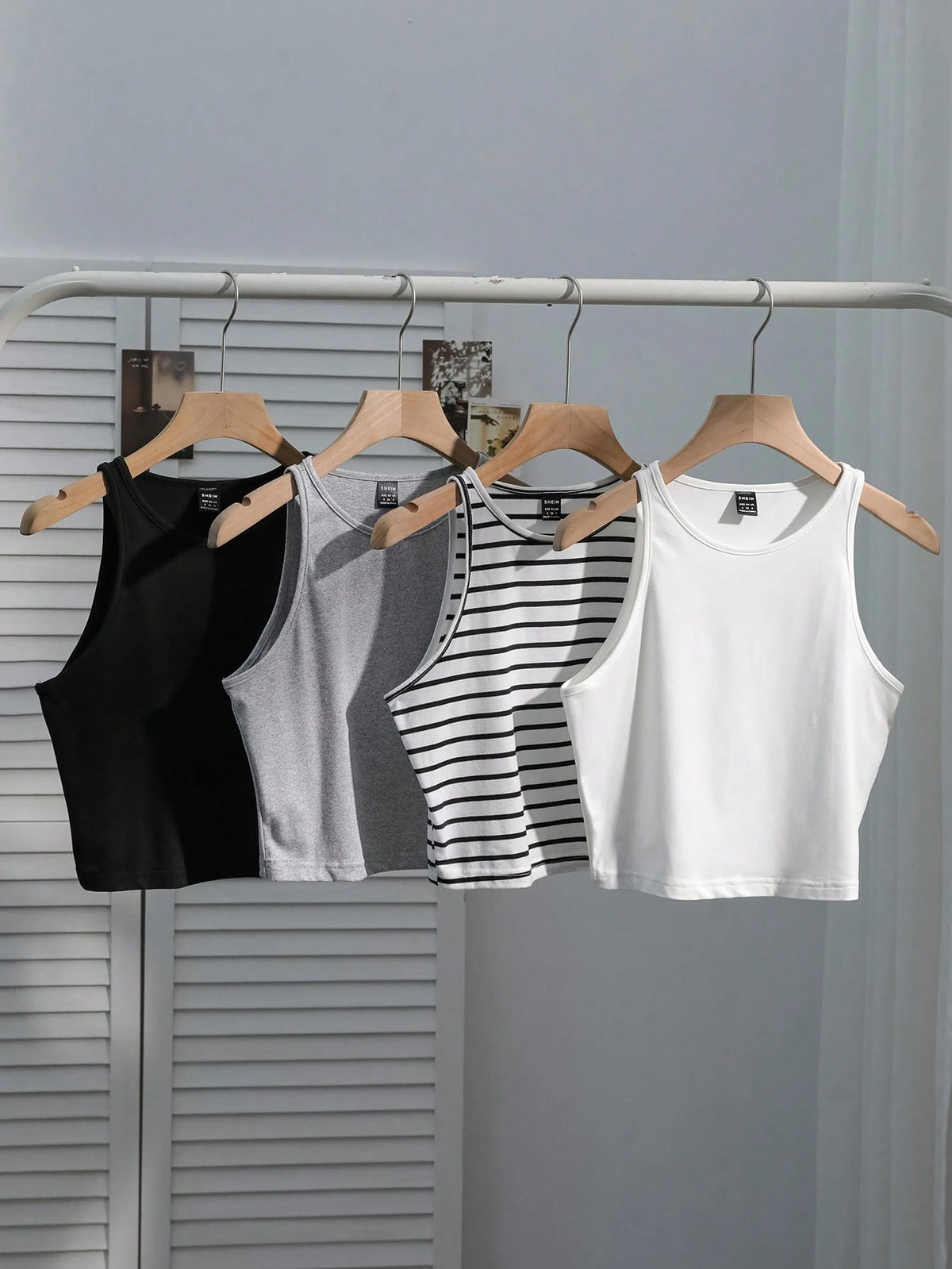 EZwear Women's 4 Pieces Set: Black Light Grey Black And White Red And White Striped, Back-To-School Cherry Casual Cute Camisole Top For Summer Beach Holiday