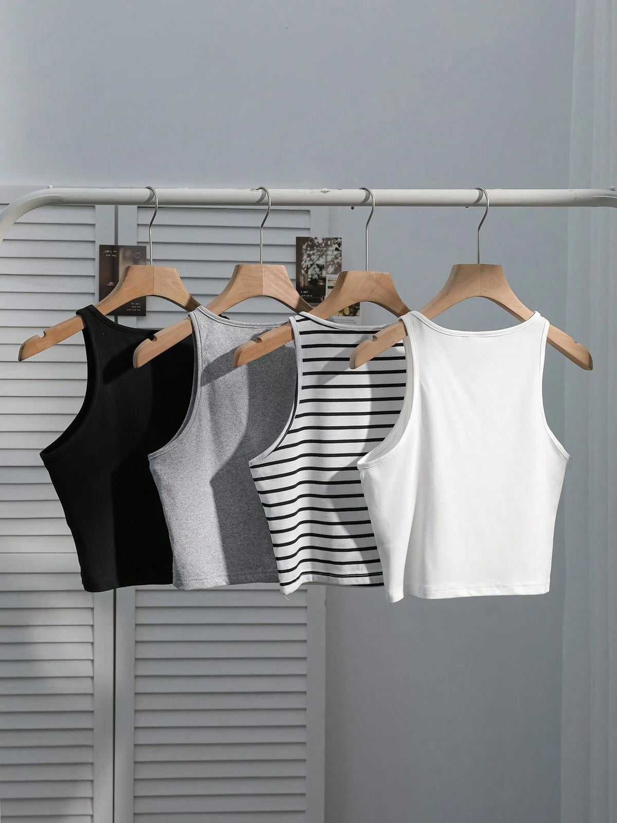 EZwear Women's 4 Pieces Set: Black Light Grey Black And White Red And White Striped, Back-To-School Cherry Casual Cute Camisole Top For Summer Beach Holiday